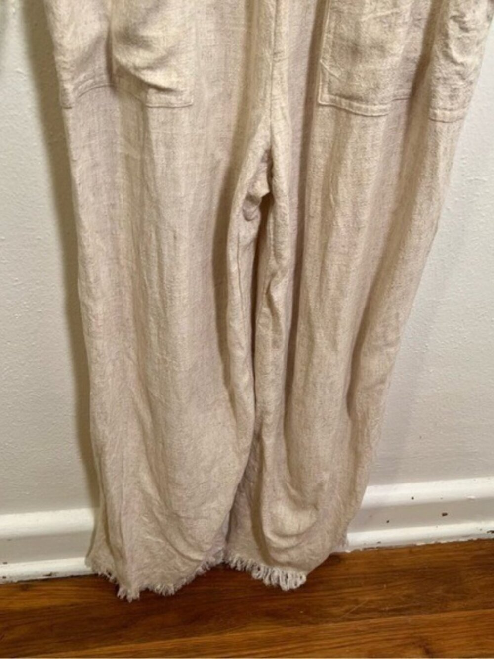 Umgee Women's Size Small Losing My Mind Tiered Jumpsuit Beige Fringe Hem Linen - Picture 8 of 14